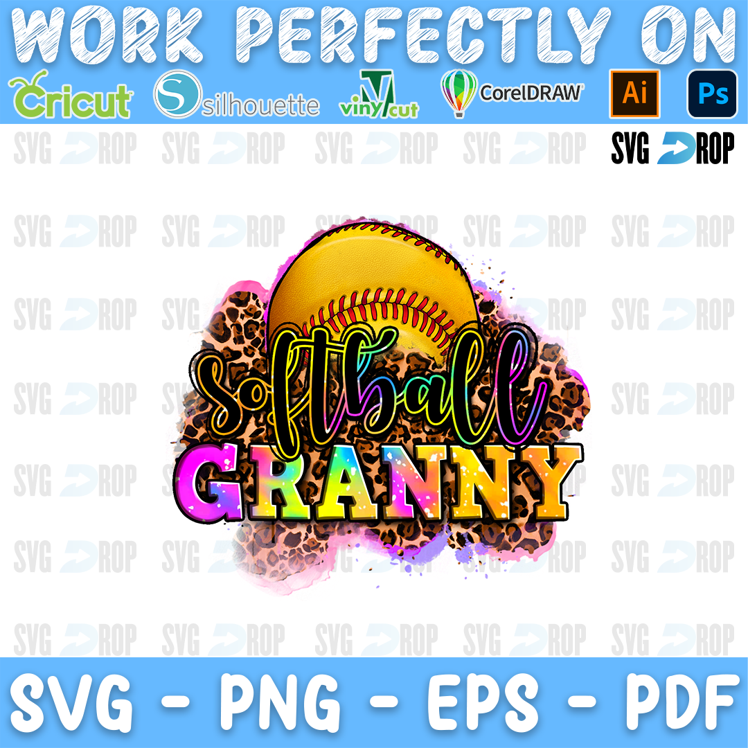 Softball Granny lettering in black script and rainbow letters with a softball on a leopard splash. Sublimation PNG