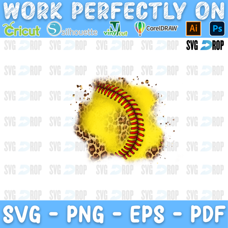 A softball patch design: a yellow softball with red stitching on a wide yellow and leopard print distressed splash. Sublimation PNG