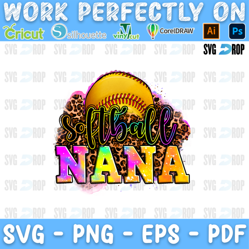 Softball Nana lettering in black script and rainbow letters with a softball on a leopard splash. Sublimation PNG