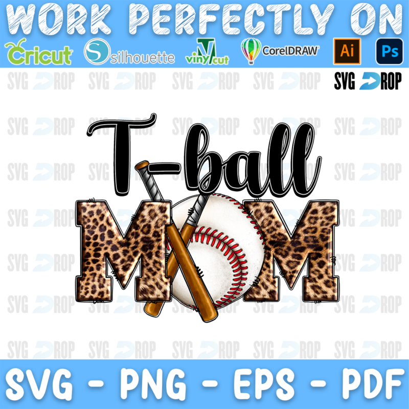 T-ball Mom lettering in black script and leopard letters with a baseball and a bat. Sublimation PNG