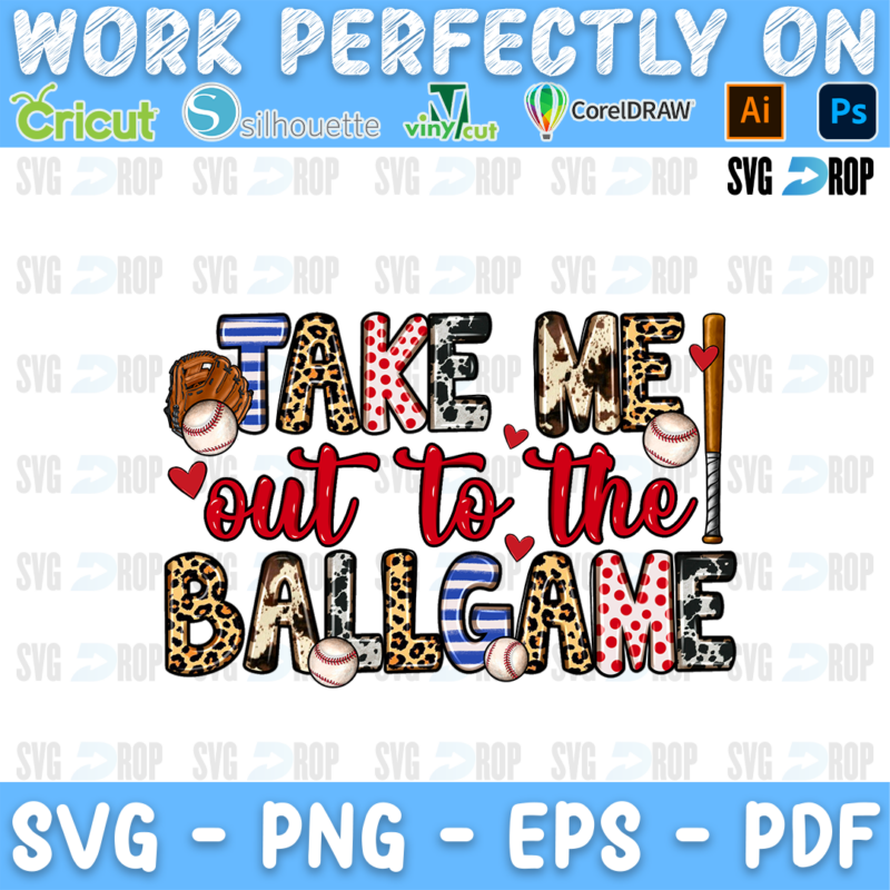 Take Me Out to the Ballgame lettering in leopard, baseball and flag letters with red script, a glove and a bat. Sublimation PNG