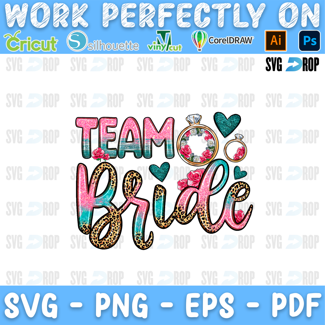 Team Bride lettering in pink and turquoise letters and leopard script with diamond rings and flowers. Sublimation PNG