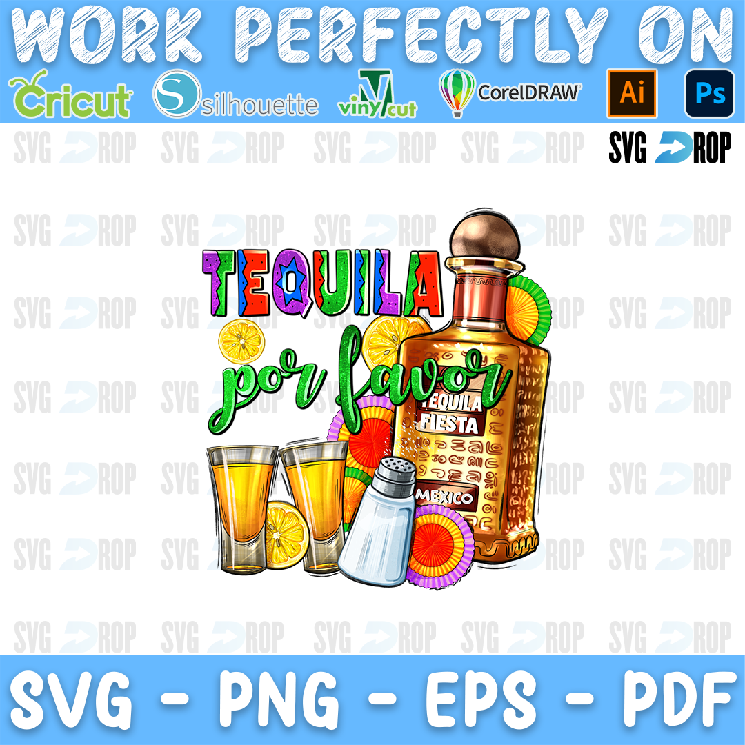 Tequila Por Favor lettering in colorful letters and green script with a tequila bottle, shots, lemons, salt and a sombrero. Sublimation PNG