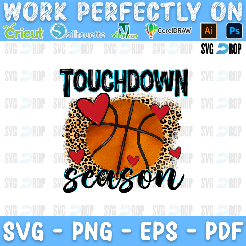 Touchdown Season lettering in black letters and script with a basketball, red hearts and leopard print. Sublimation PNG