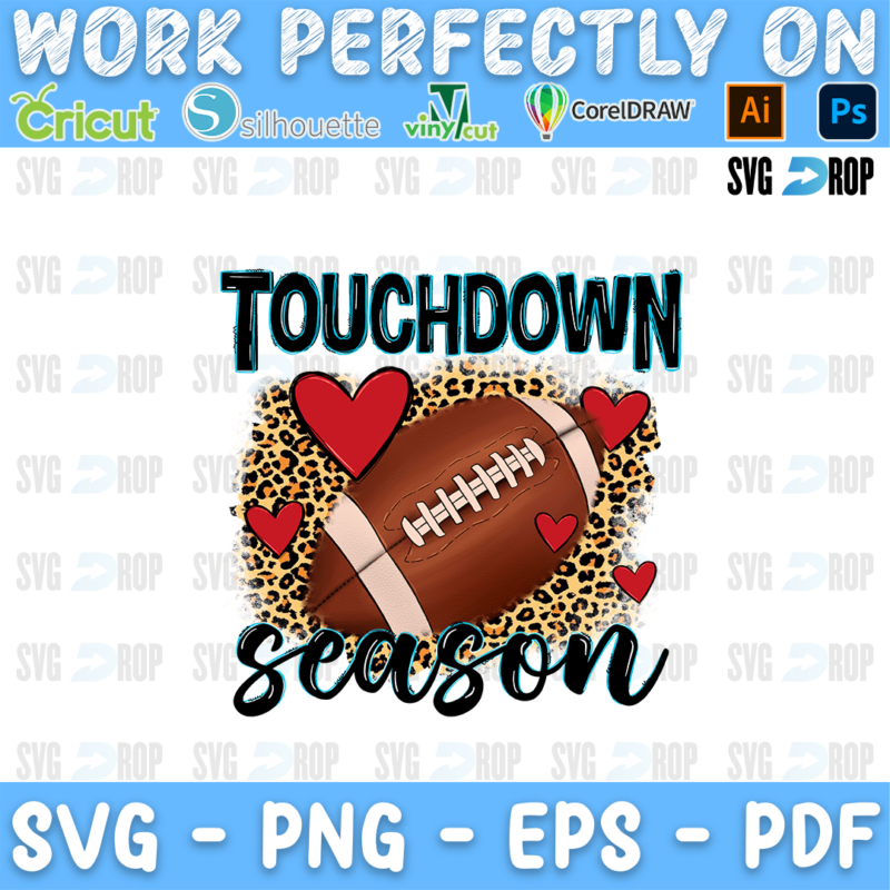Touchdown Season lettering in black letters and script with a football, red hearts and leopard print. Sublimation PNG