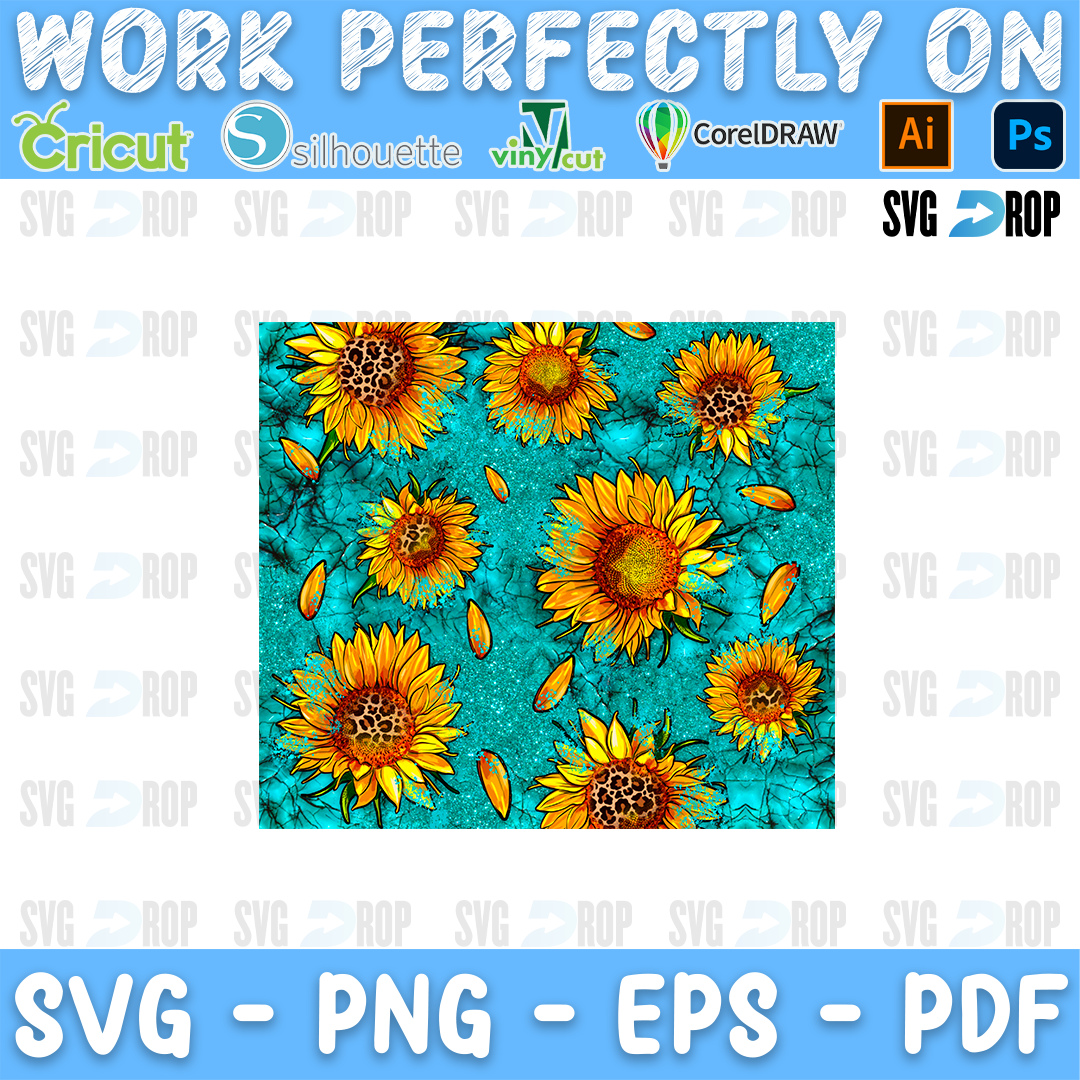 Sunflowers and petals on a turquoise and leopard background. Sublimation PNG