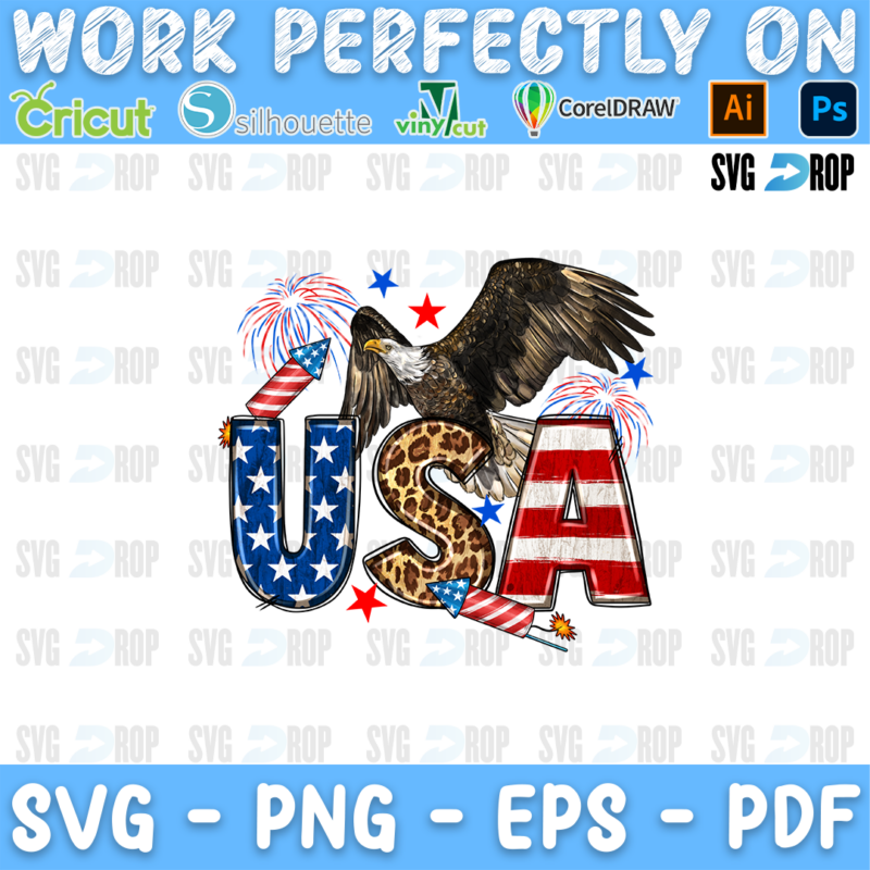 USA lettering in blue star, leopard and red striped letters with a bald eagle and fireworks. Sublimation PNG