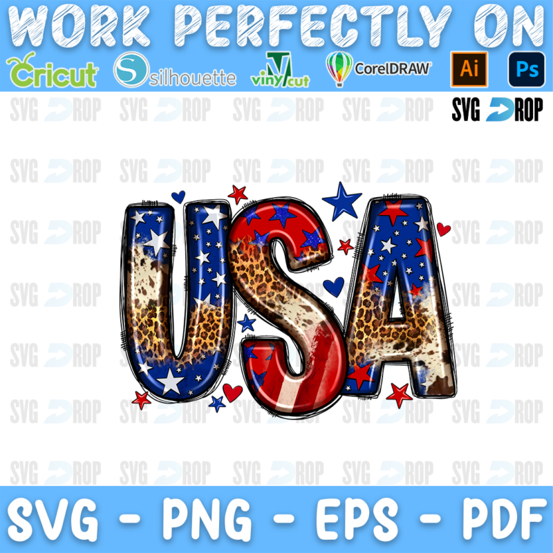 USA lettering in blue star, leopard and red letters with stars. Sublimation PNG