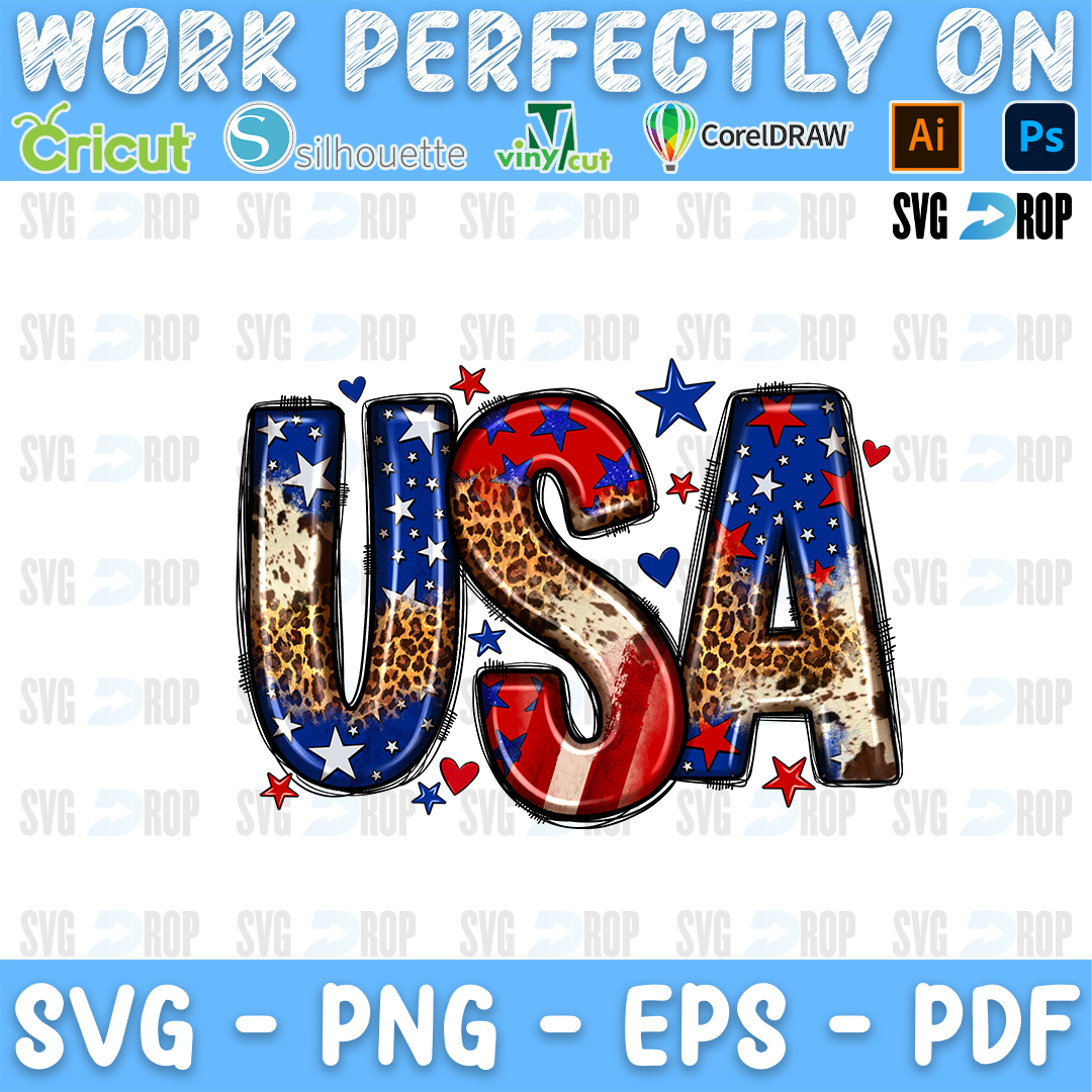 USA lettering in blue star, leopard and red letters with stars. Sublimation PNG