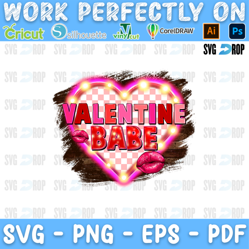 Valentine Babe lettering in red letters inside a pink marquee light heart with red lips. Sublimation PNG