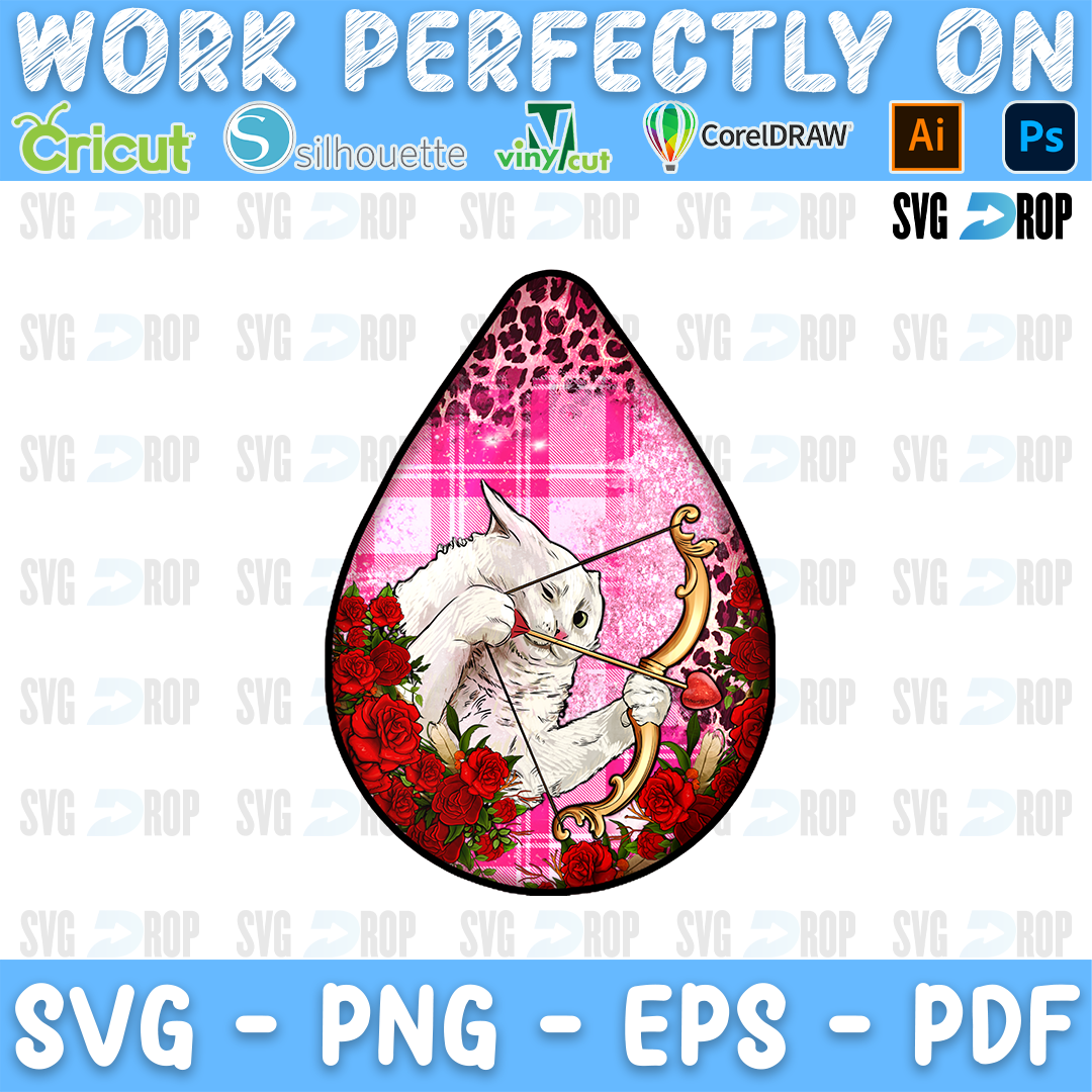 A teardrop car coaster with a white cat as cupid among red roses on pink plaid and leopard. Sublimation PNG