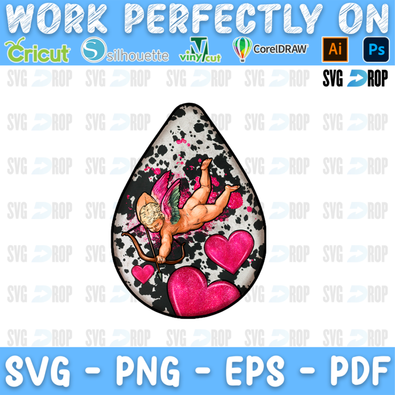 A teardrop car coaster with a cupid and pink hearts on cowhide. Sublimation PNG