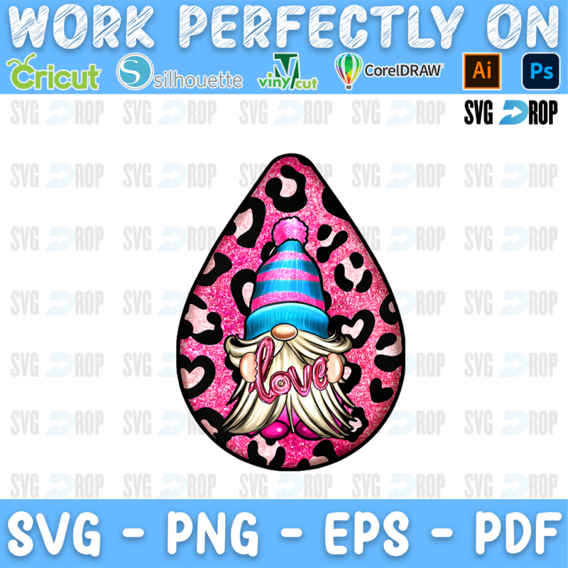 A teardrop car coaster with a Valentine gnome holding a love sign on pink leopard. Sublimation PNG