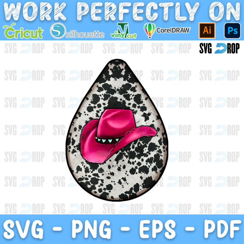 A teardrop car coaster with a pink cowboy hat on cowhide. Sublimation PNG