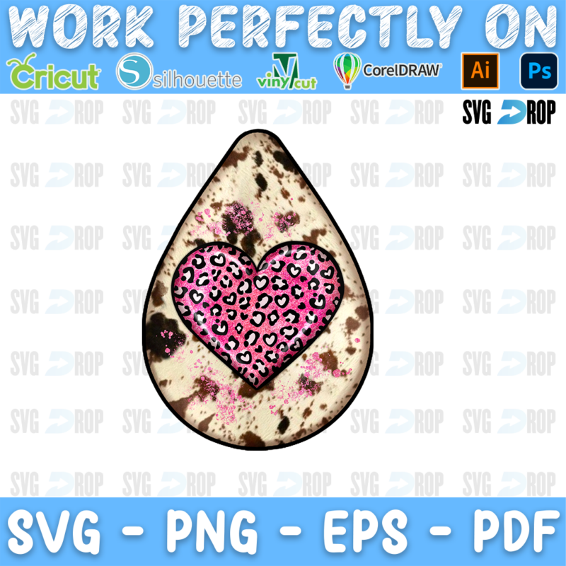 A teardrop Valentines Day design: a pink leopard print heart in the center of a cream and brown cowhide background. Sublimation PNG