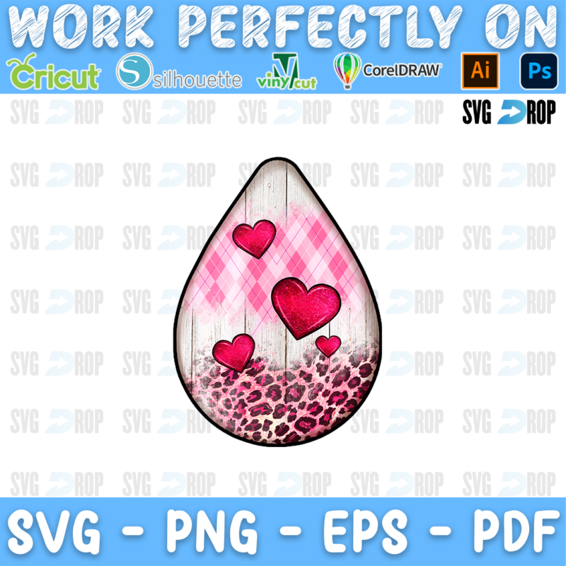 A teardrop Valentines Day design: small pink and red hearts over pink plaid and white wood, with pink leopard print along the bottom. Sublimation PNG