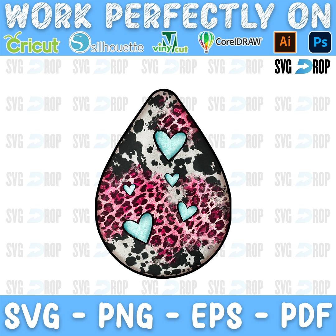 A teardrop Valentines Day design: small turquoise hearts over black and white cowhide blended into pink leopard print. Sublimation PNG