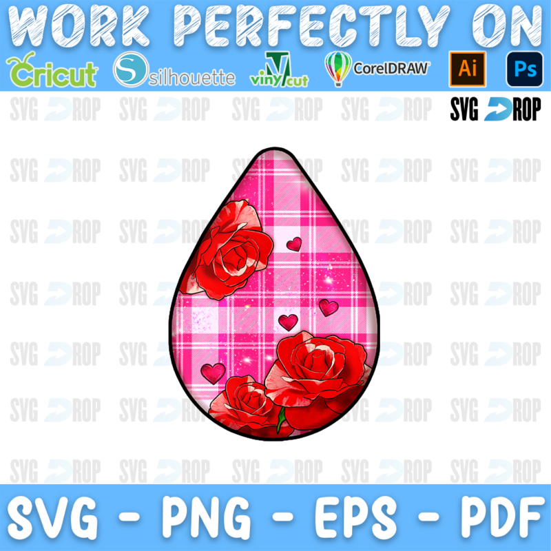 A teardrop car coaster with red roses on pink plaid. Sublimation PNG