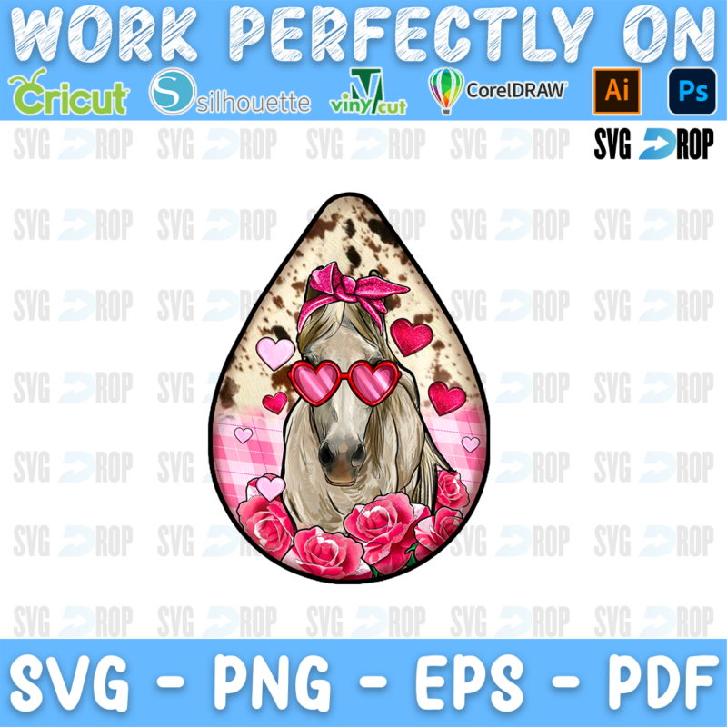 A teardrop car coaster with a horse in pink heart sunglasses and pink roses on cowhide and pink plaid. Sublimation PNG