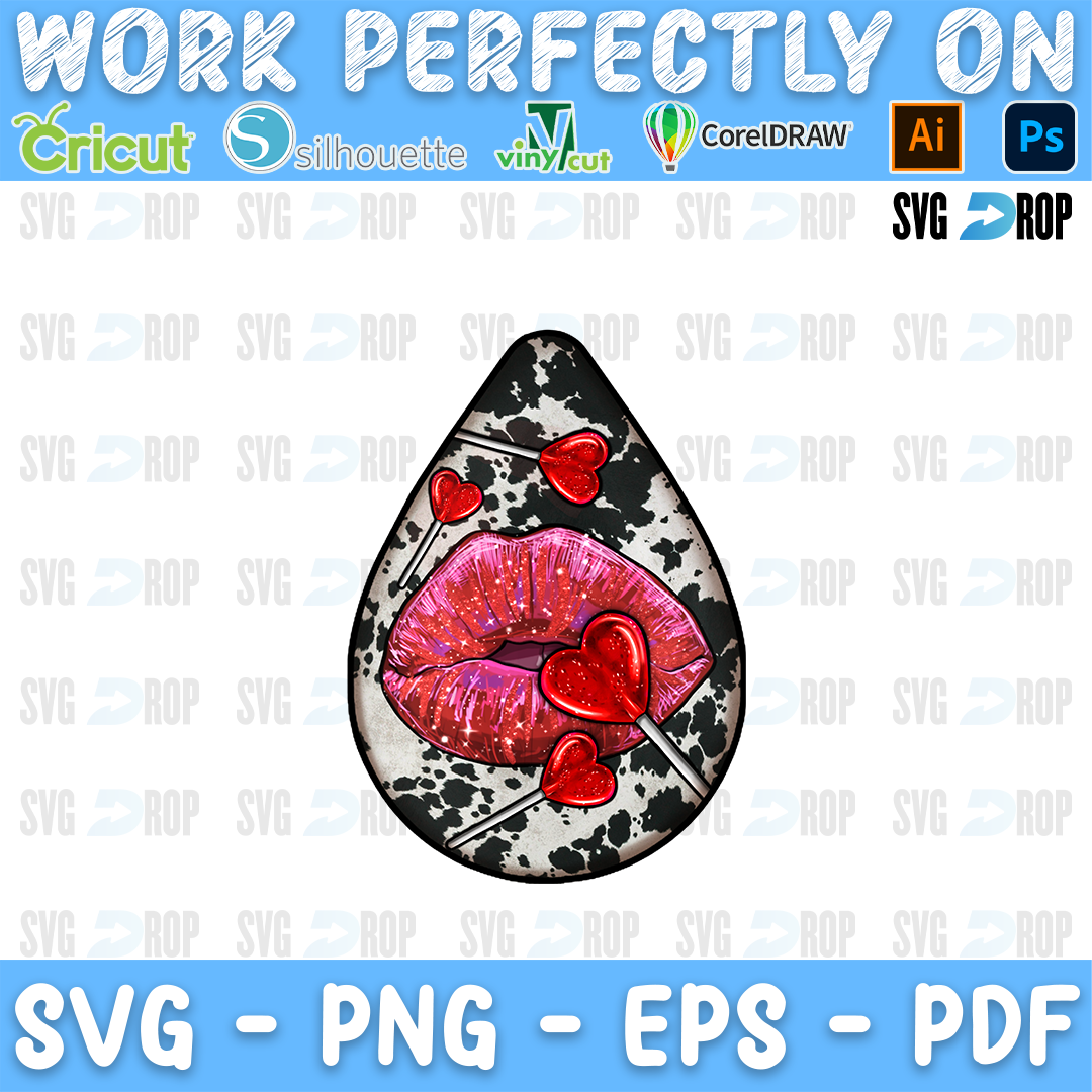 A teardrop car coaster with pink glitter lips and heart lollipops on cowhide. Sublimation PNG
