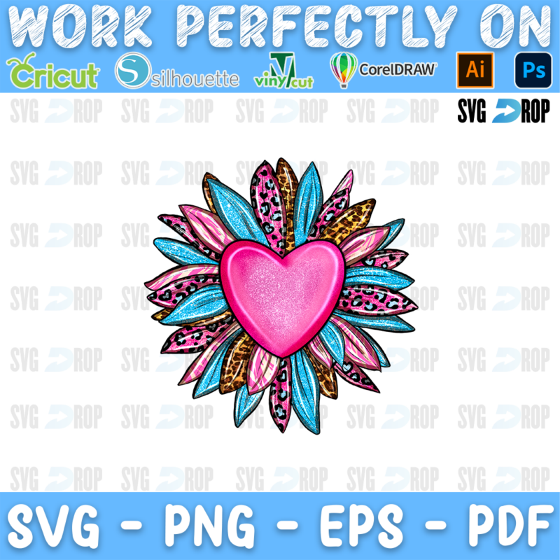 A pink heart on a sunflower with pink, turquoise and leopard petals. Sublimation PNG