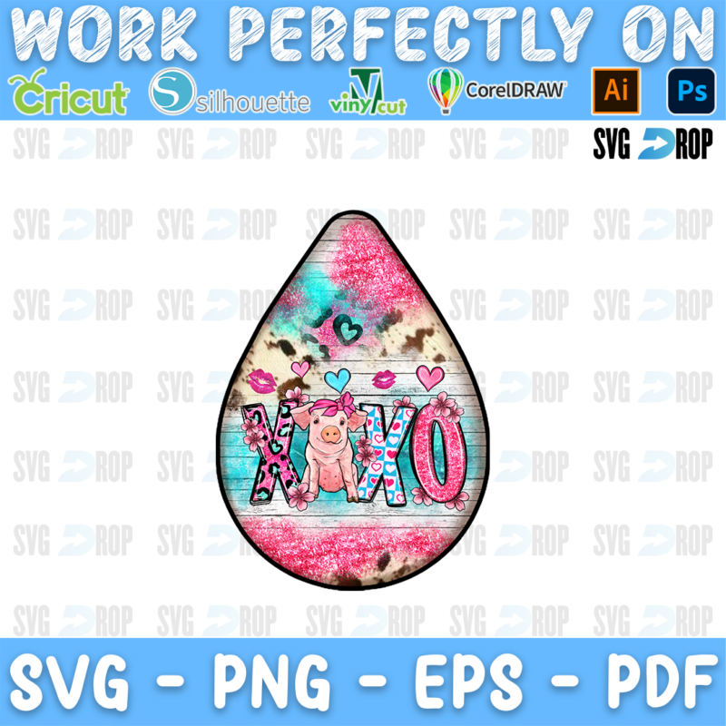 A teardrop car coaster with a pig and XOXO lettering on pink, turquoise and cowhide. Sublimation PNG