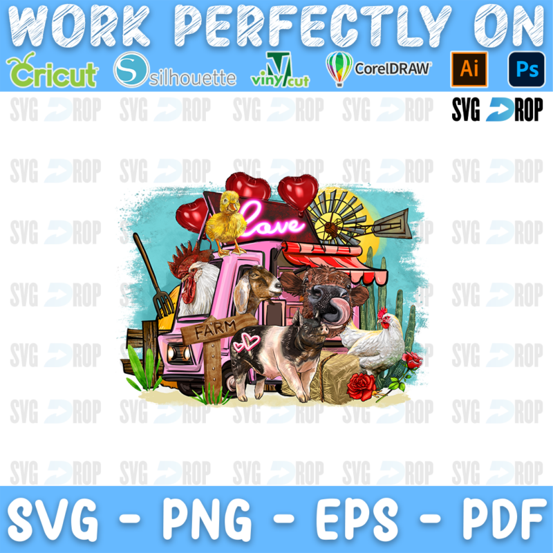 A pink pickup truck with farm animals, a pink neon Love sign, heart balloons and a windmill. Sublimation PNG