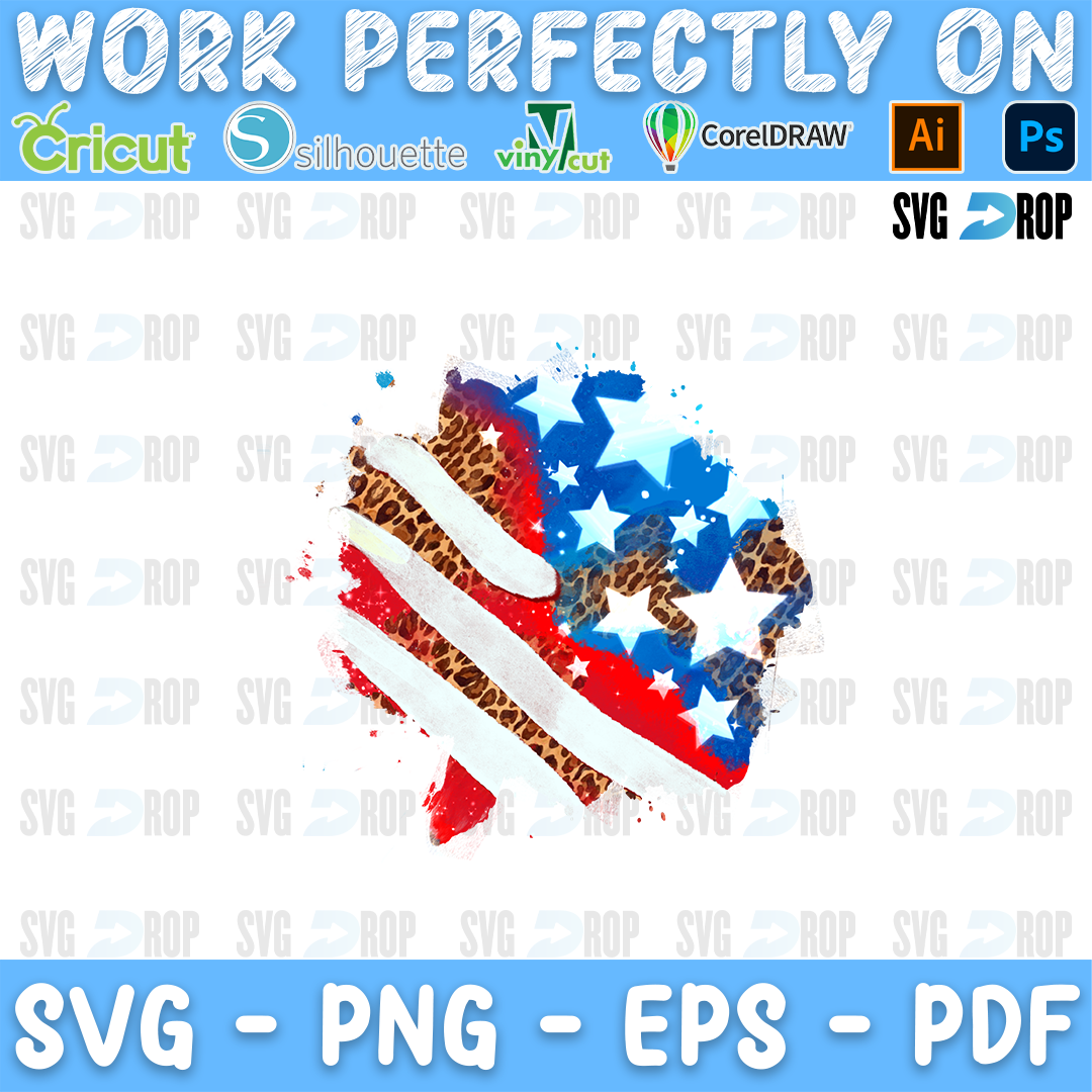 A watercolor American flag patch with red and white stripes, white stars on blue and leopard print in the stripes, in a distressed. Sublimation PNG