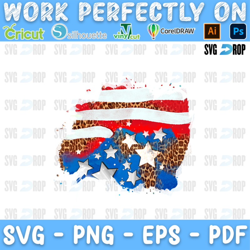 A watercolor American flag patch with red and white stripes, white stars on blue and leopard print stripes, in a wide distressed. Sublimation PNG