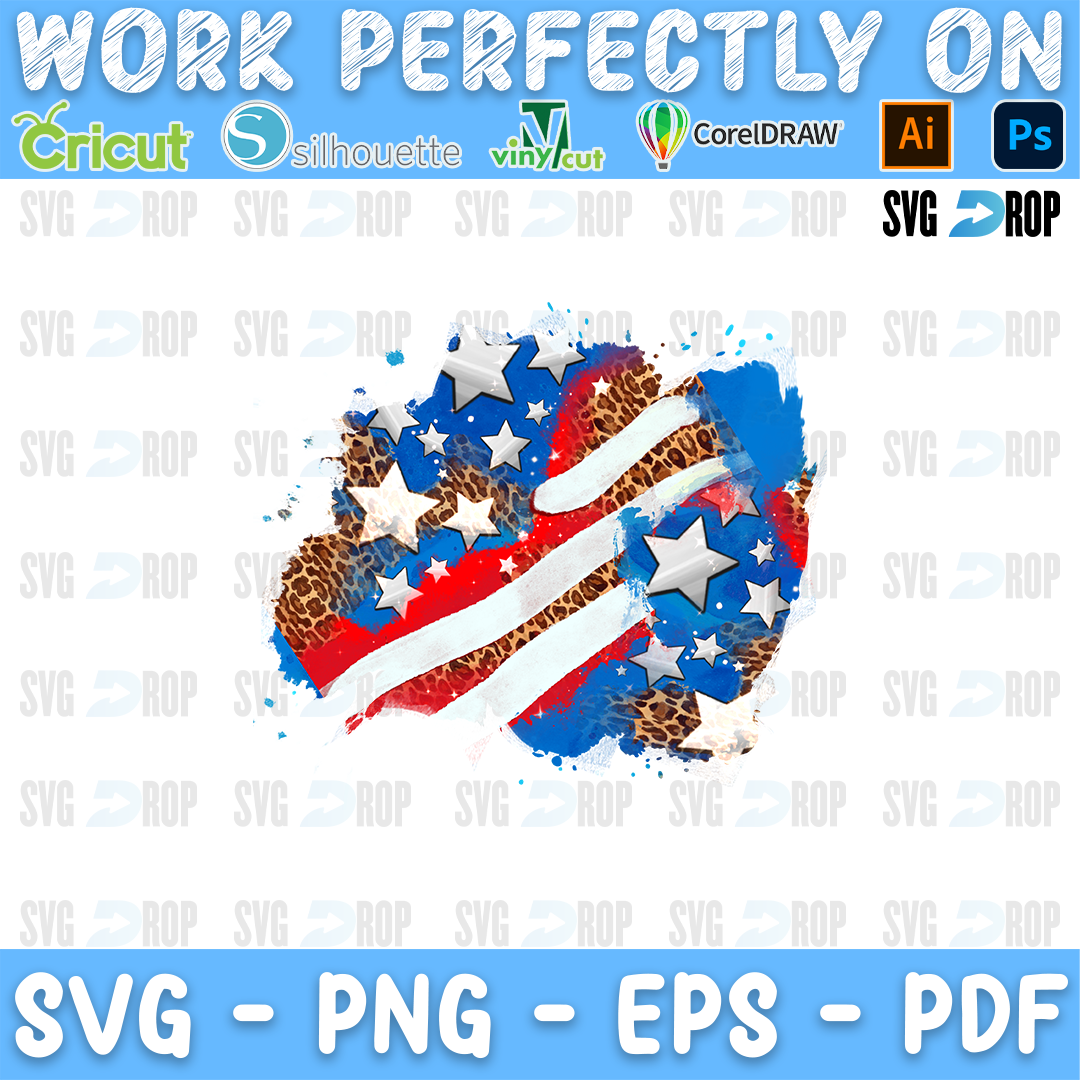 A watercolor American flag patch with red and white stripes, white stars on blue and leopard print stripes, in a rounded distressed. Sublimation PNG