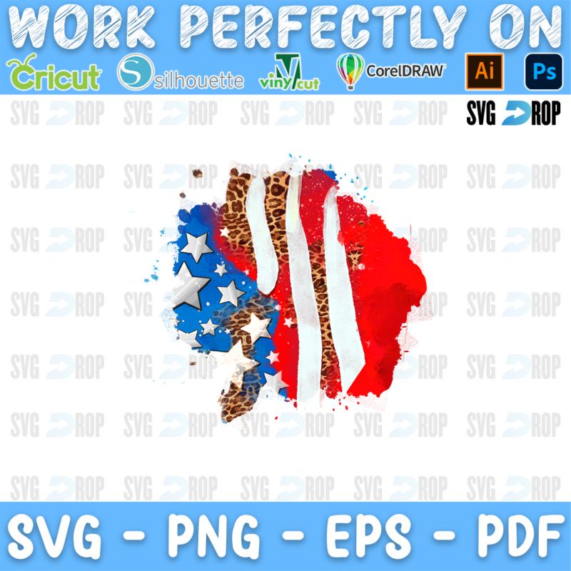 A watercolor American flag patch with red and white stripes, white stars on blue and leopard print, with vertical stripes, stars. Sublimation PNG