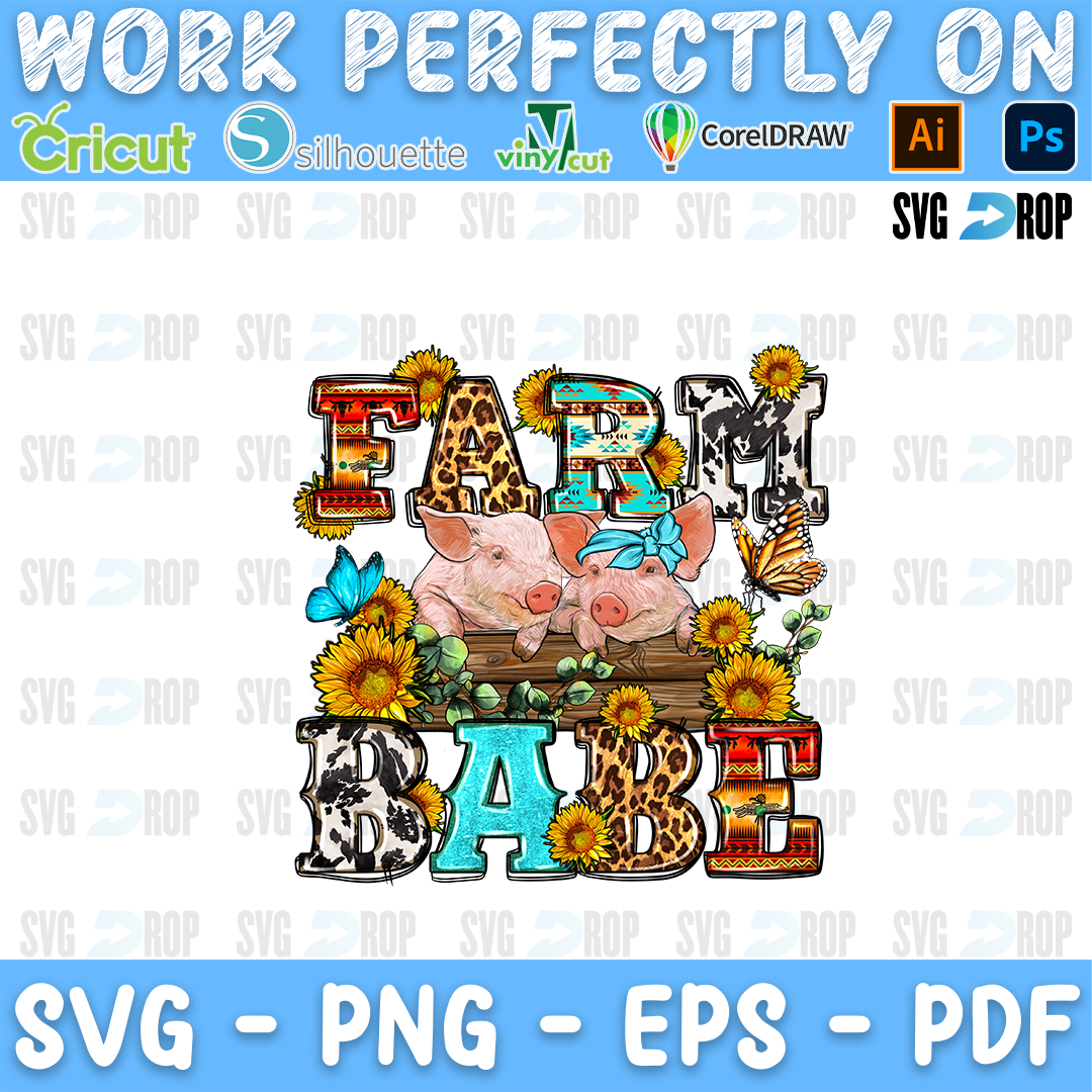Farm Babe lettering in orange, cowhide and leopard letters with two pigs, sunflowers and butterflies. Sublimation PNG