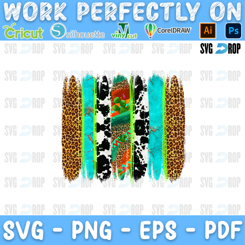 Leopard, cowhide, turquoise and western brushstroke stripes. Sublimation PNG