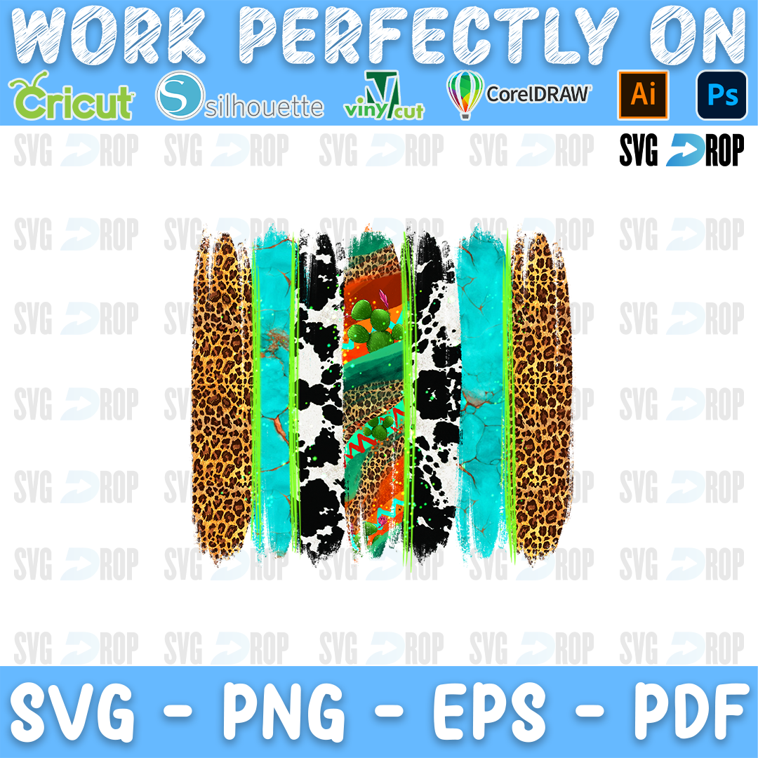 Leopard, cowhide, turquoise and western brushstroke stripes. Sublimation PNG