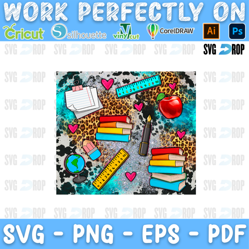 School supplies, books, an apple, rulers and a globe on turquoise, leopard and cowhide. Sublimation PNG