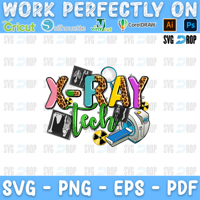 X-Ray Tech lettering in pink, turquoise and green letters with x-ray films, an MRI machine and a radiation sign. Sublimation PNG