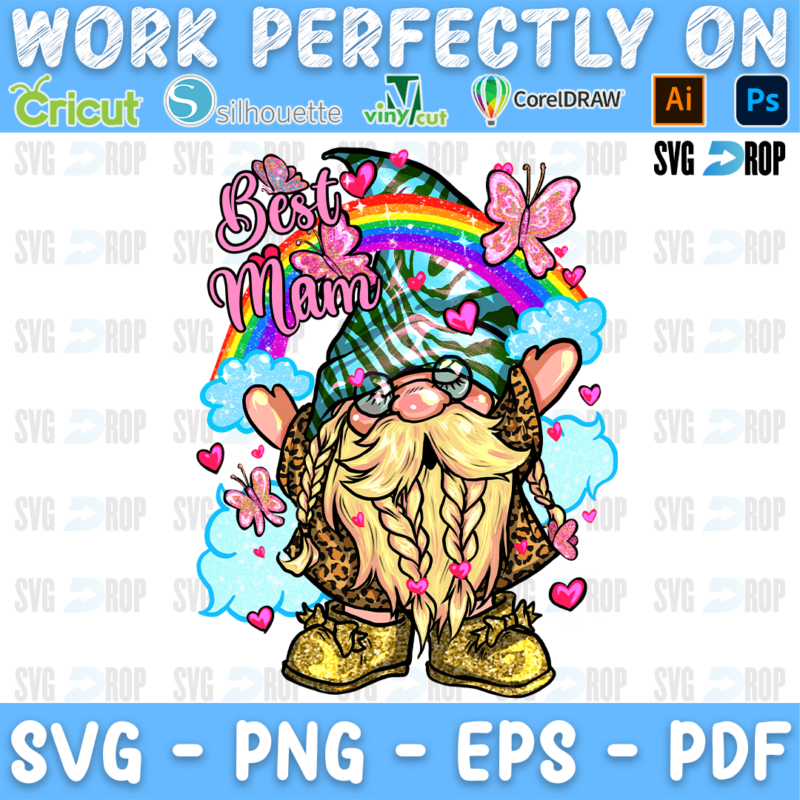 Best Mom lettering in pink script with a gnome in leopard, a rainbow, clouds and butterflies. Sublimation PNG