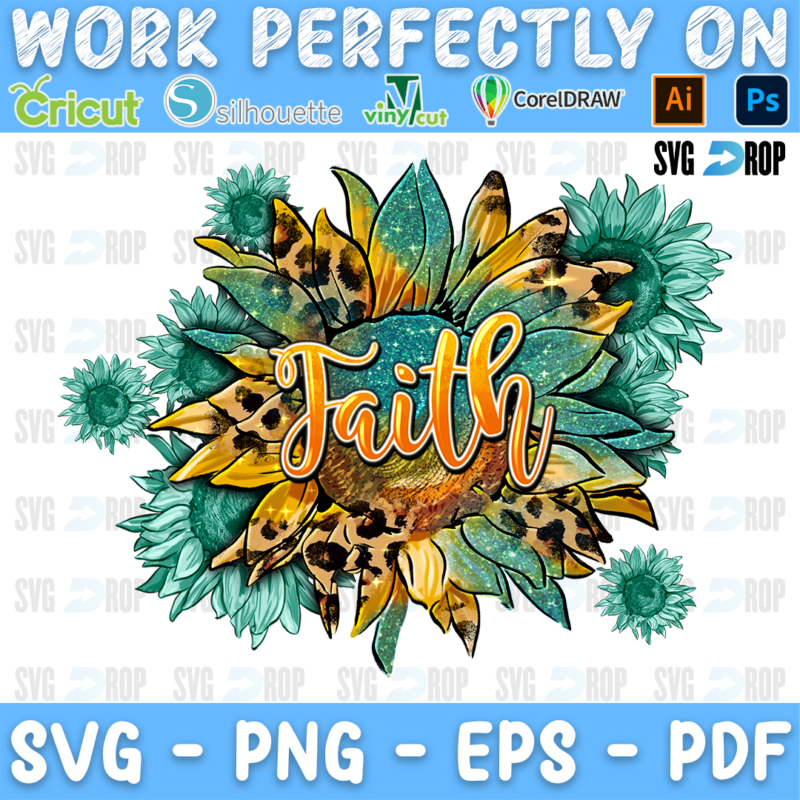 Faith lettering in gold script on a turquoise and leopard sunflower. Sublimation PNG