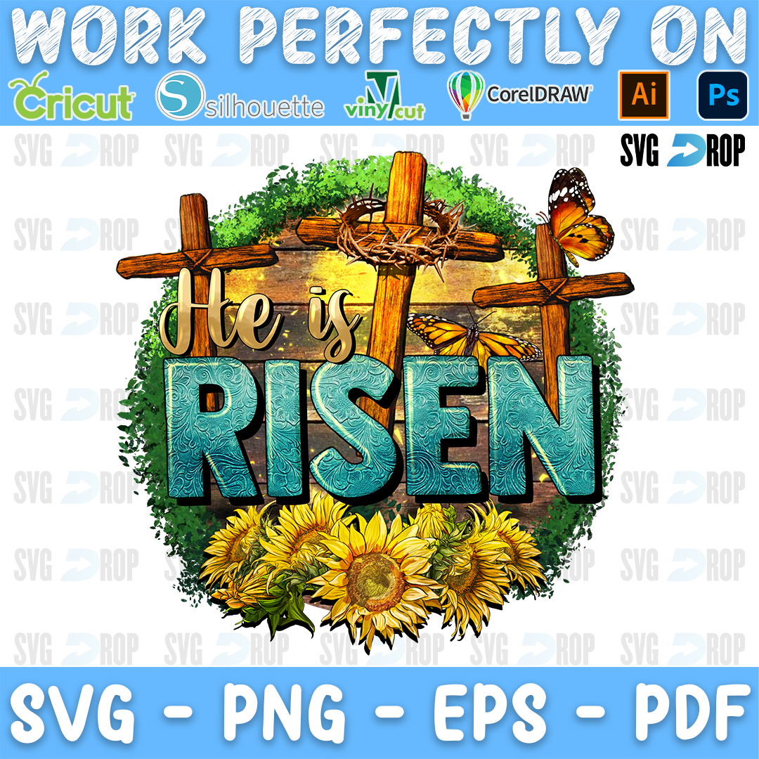An Easter sublimation design: He Is Risen in teal letters in front of three wooden crosses with a crown of thorns, framed by a green. Sublimation PNG