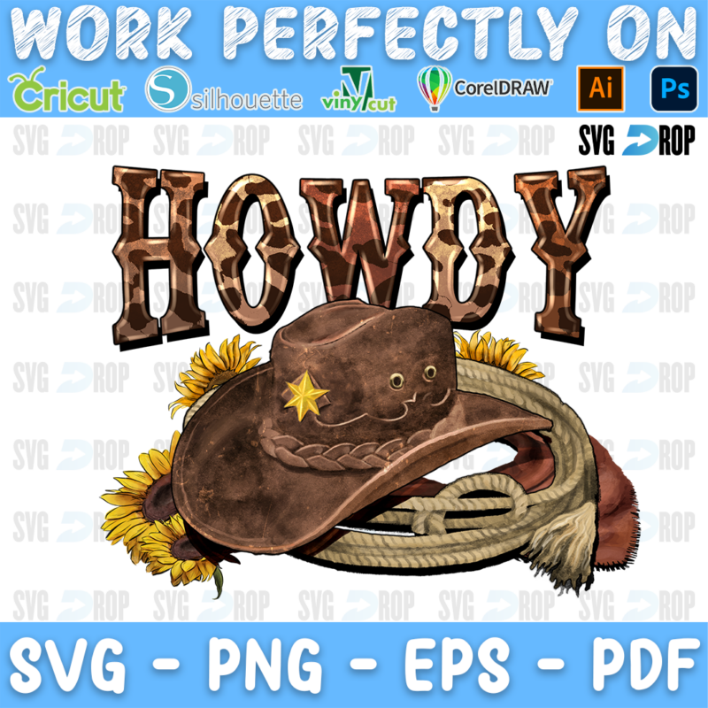 Howdy lettering in leopard letters with a brown cowboy hat, a lasso and sunflowers. Sublimation PNG