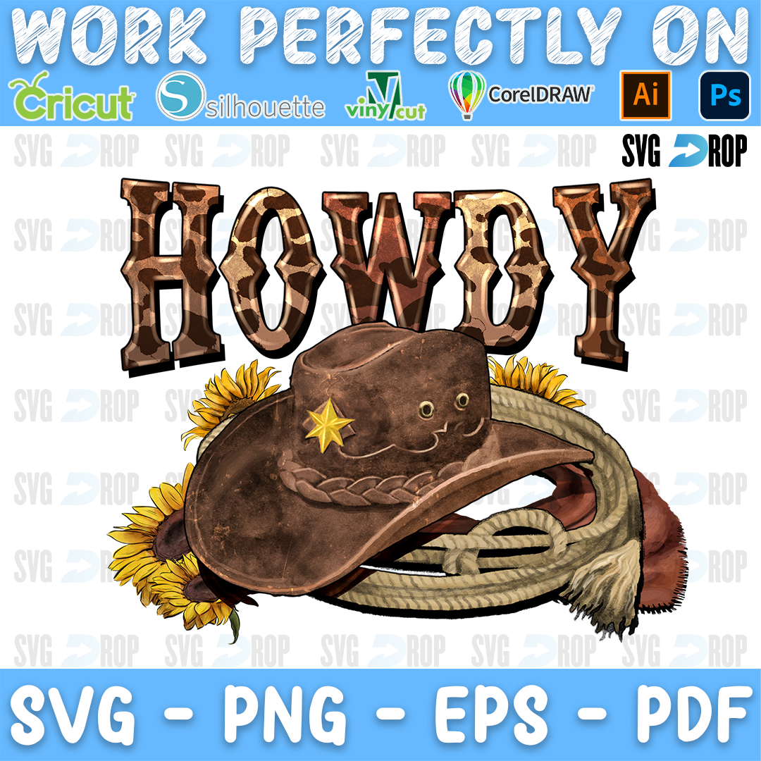 Howdy lettering in leopard letters with a brown cowboy hat, a lasso and sunflowers. Sublimation PNG