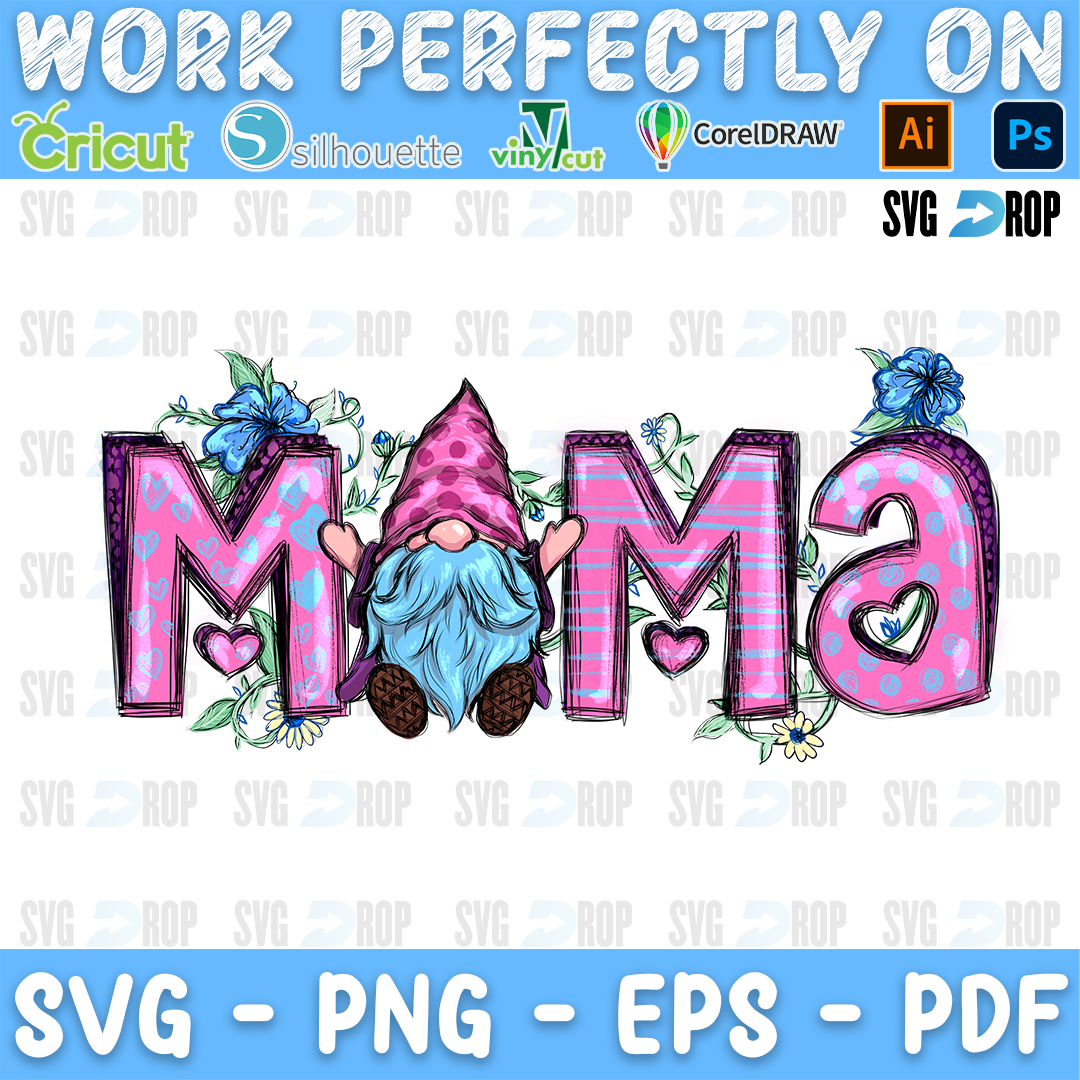 Mama lettering in pink and purple patterned letters with a pink and blue gnome and flowers. Sublimation PNG