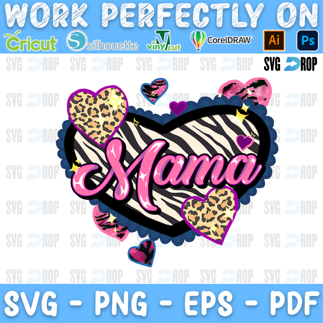 Mama lettering in pink script on a zebra print heart with leopard hearts. Sublimation PNG