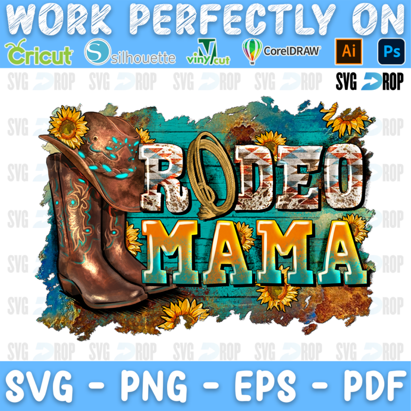 Rodeo Mama lettering in turquoise and leopard letters with brown cowboy boots and sunflowers. Sublimation PNG