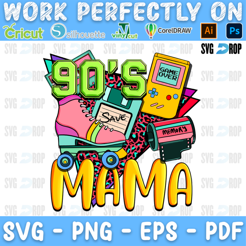 90's Mama lettering in neon green and yellow letters with a roller skate, a floppy disk, a handheld game and leopard print. Sublimation PNG