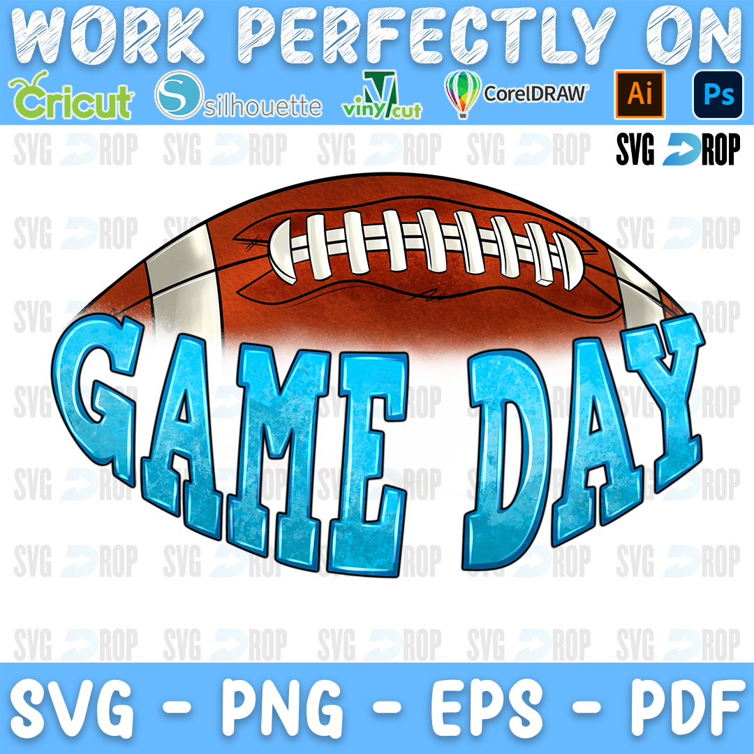 Game Day lettering in turquoise letters over a brown football. Sublimation PNG