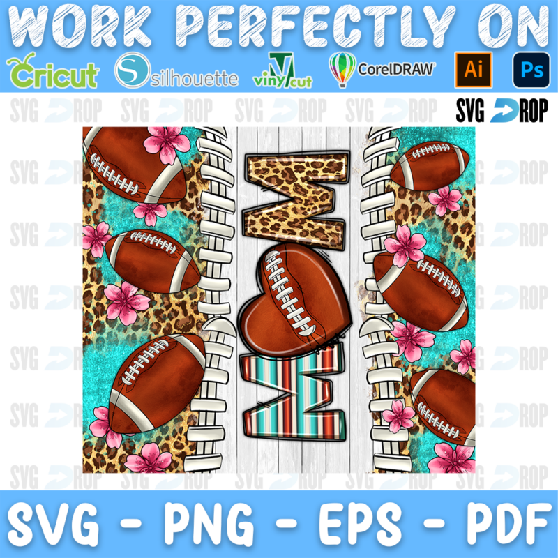 Mom lettering in leopard, football and serape letters with footballs, flowers and turquoise on white wood. Sublimation PNG