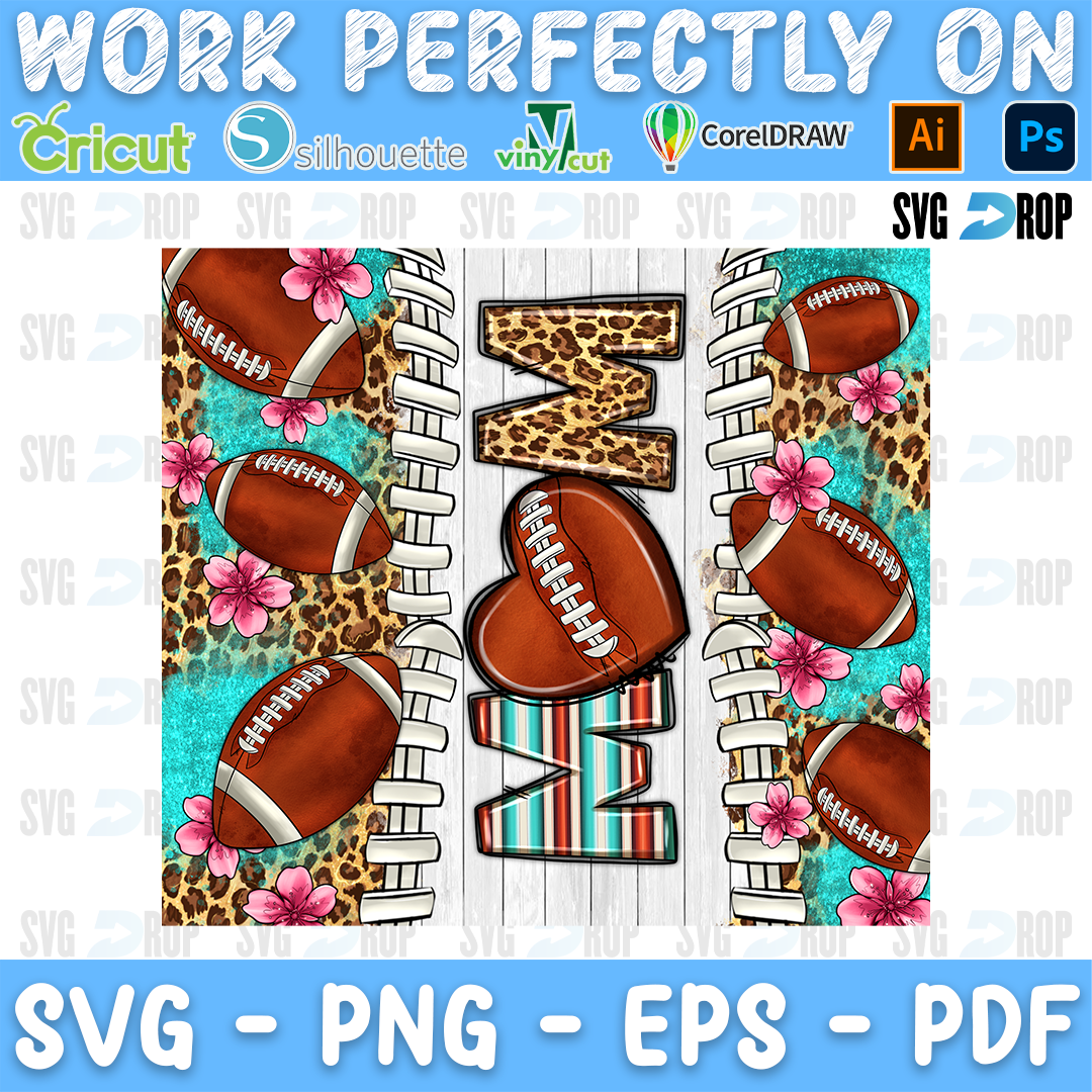Mom lettering in leopard, football and serape letters with footballs, flowers and turquoise on white wood. Sublimation PNG