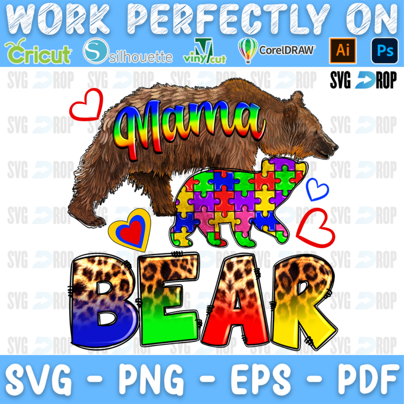 Mama Bear lettering in rainbow script and leopard letters with a brown bear and a puzzle piece bear. Sublimation PNG