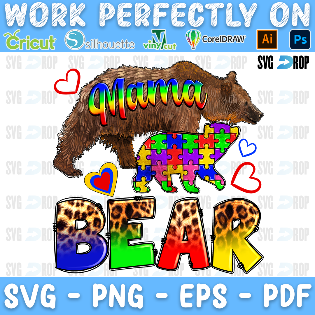 Mama Bear lettering in rainbow script and leopard letters with a brown bear and a puzzle piece bear. Sublimation PNG